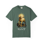 Green t-shirt with a graphic design of a lamb on a snake and the word 'Victory' on a white background