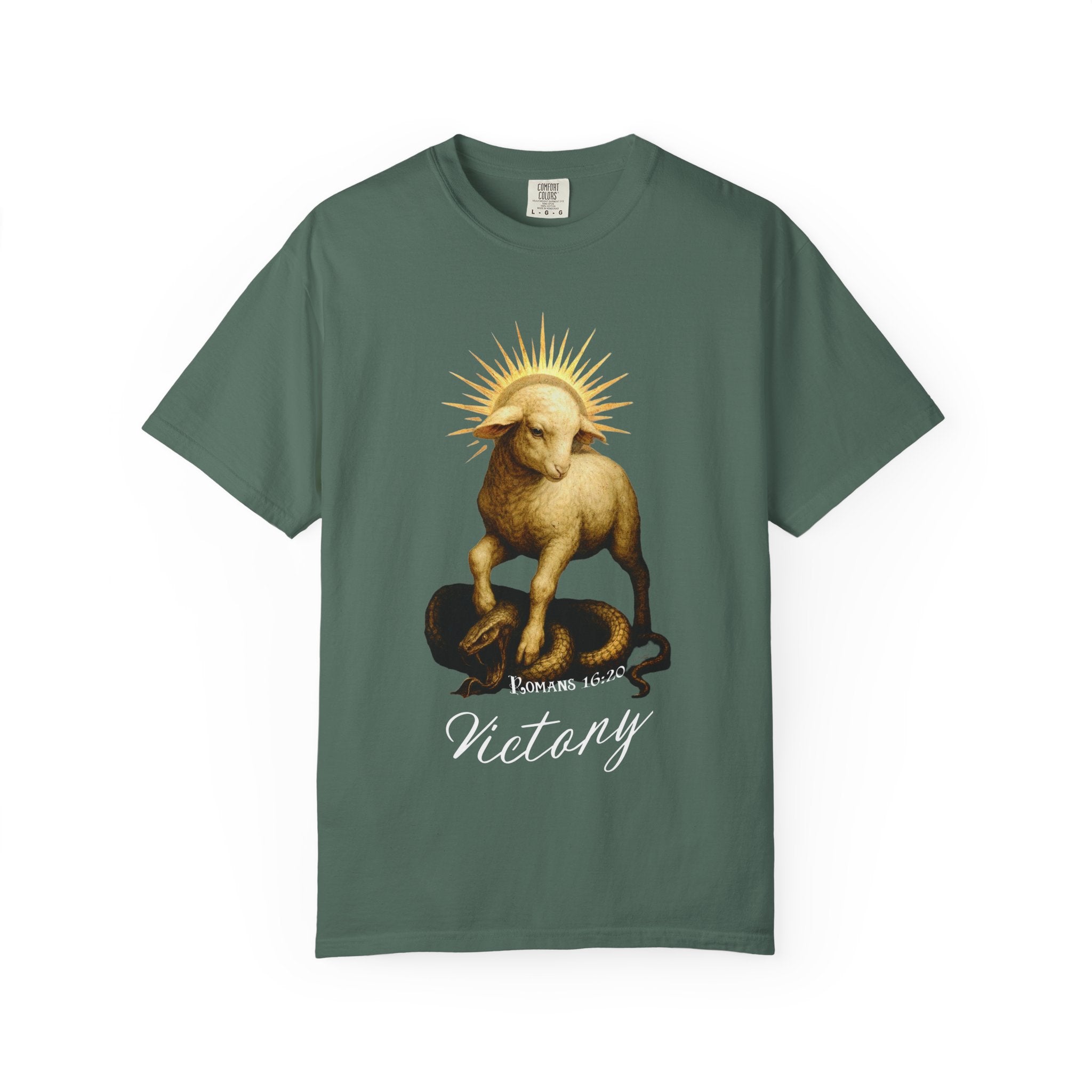 Green t-shirt with a graphic design of a lamb on a snake and the word 'Victory' on a white background