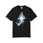 Black t-shirt with a white ghost-like figure design on a white background