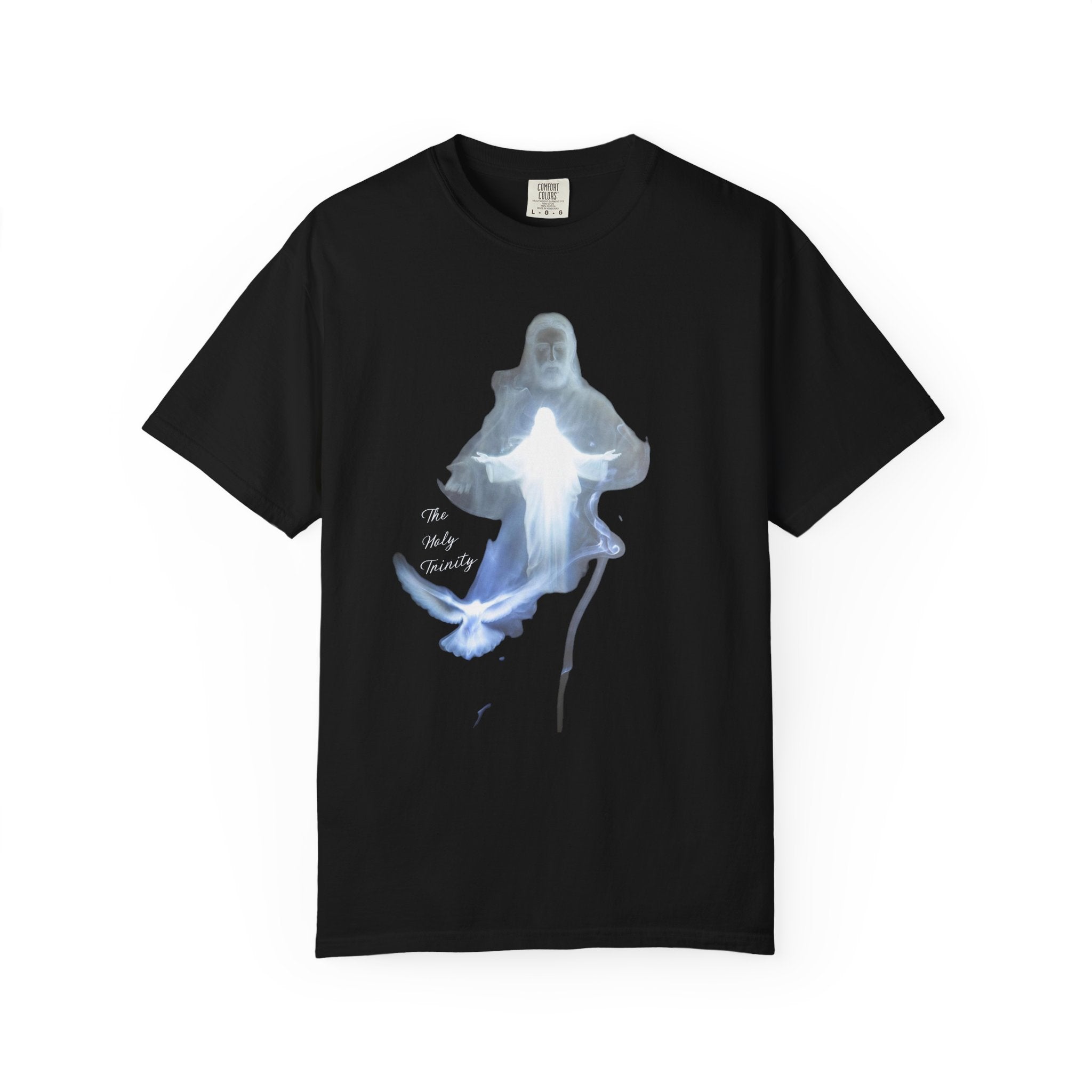 Black t-shirt with a white ghost-like figure design on a white background