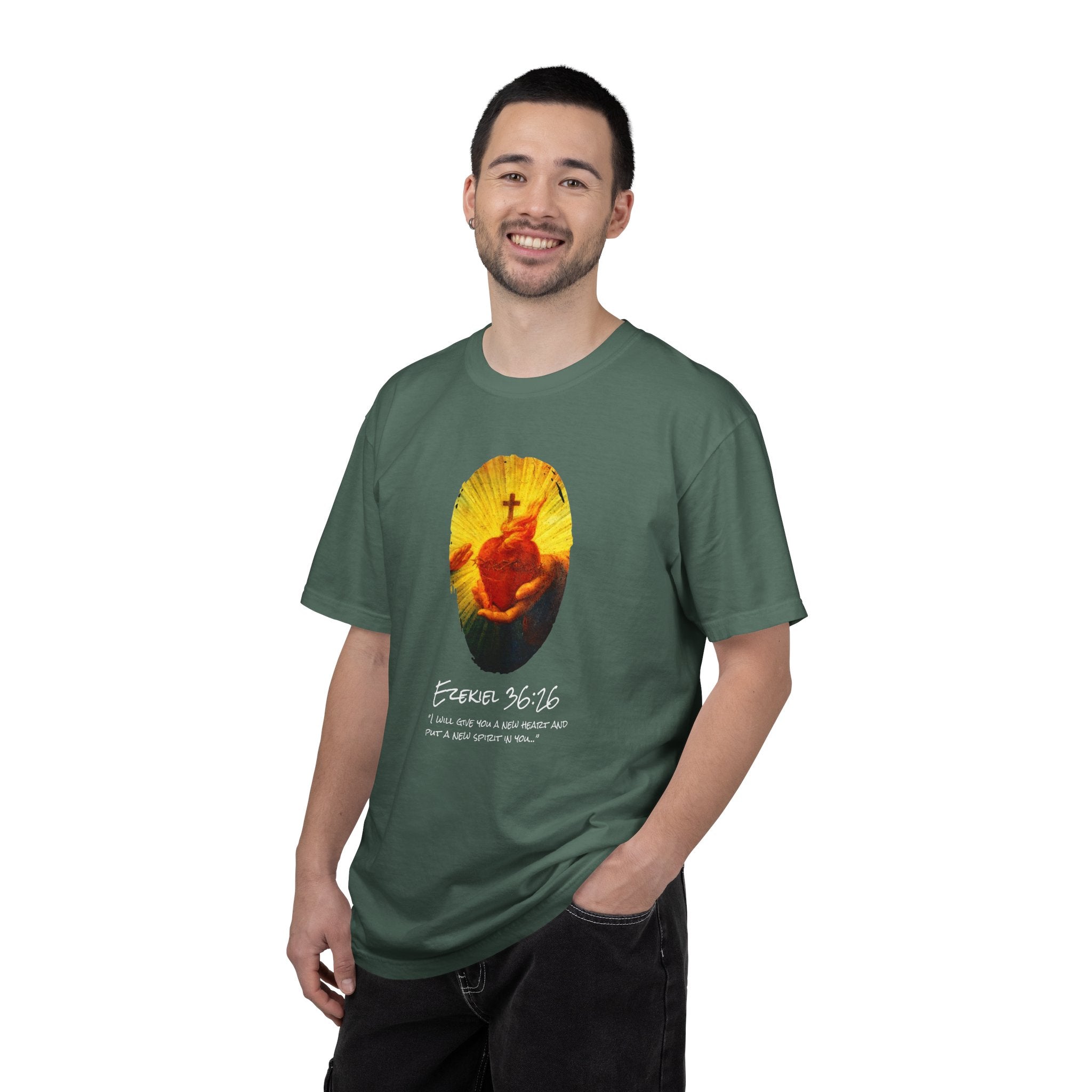 Man wearing a green t-shirt with a graphic design on a white background