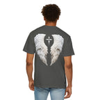 Person wearing a gray t-shirt with white angel wings design on the back