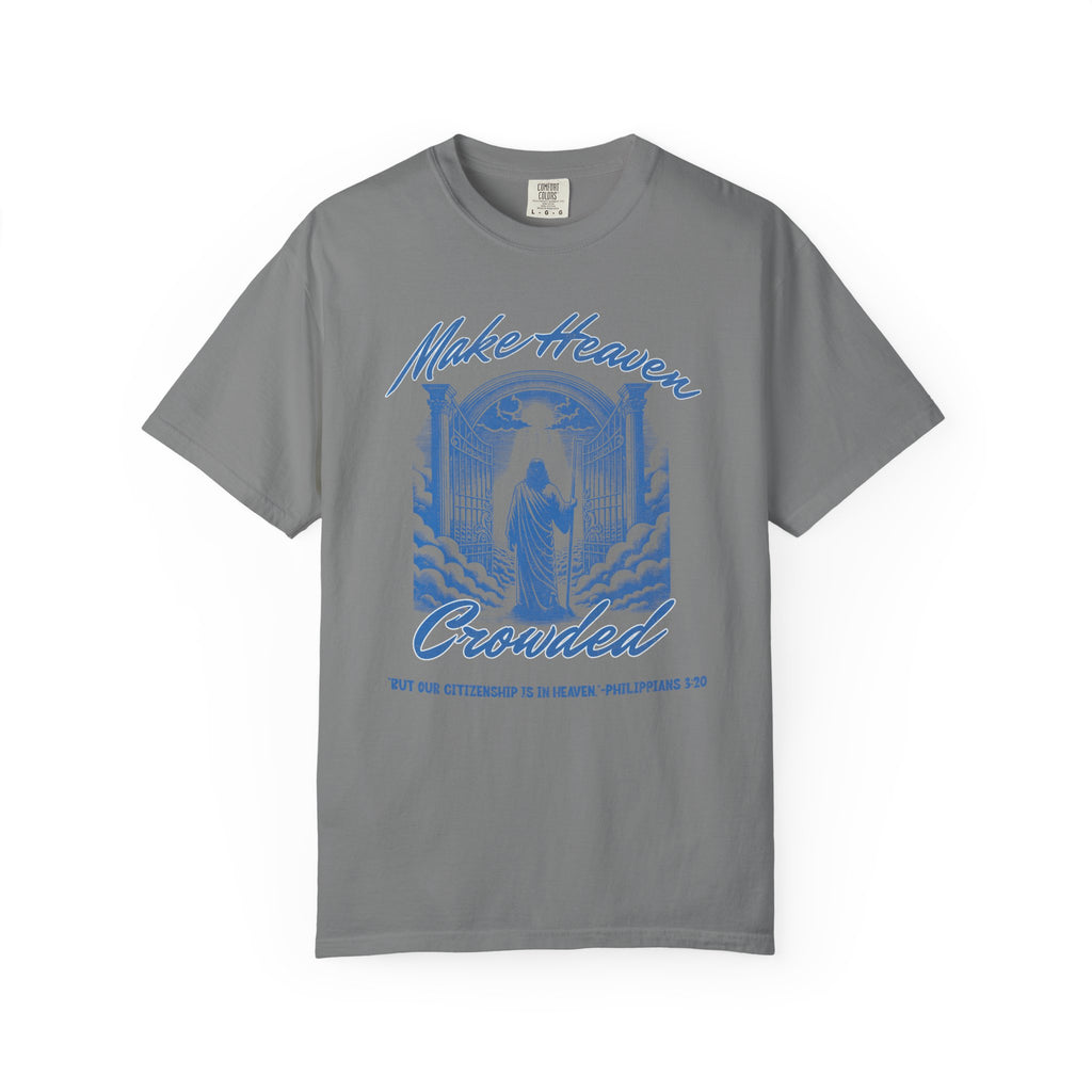Gray t-shirt with blue graphic and text on a white background