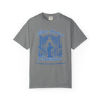 Gray t-shirt with blue graphic and text on a white background