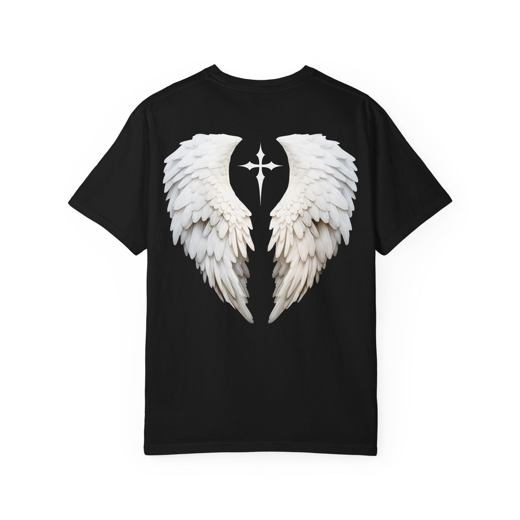 Navy blue t-shirt with white angel wings design on a white background
