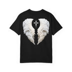 Navy blue t-shirt with white angel wings design on a white background