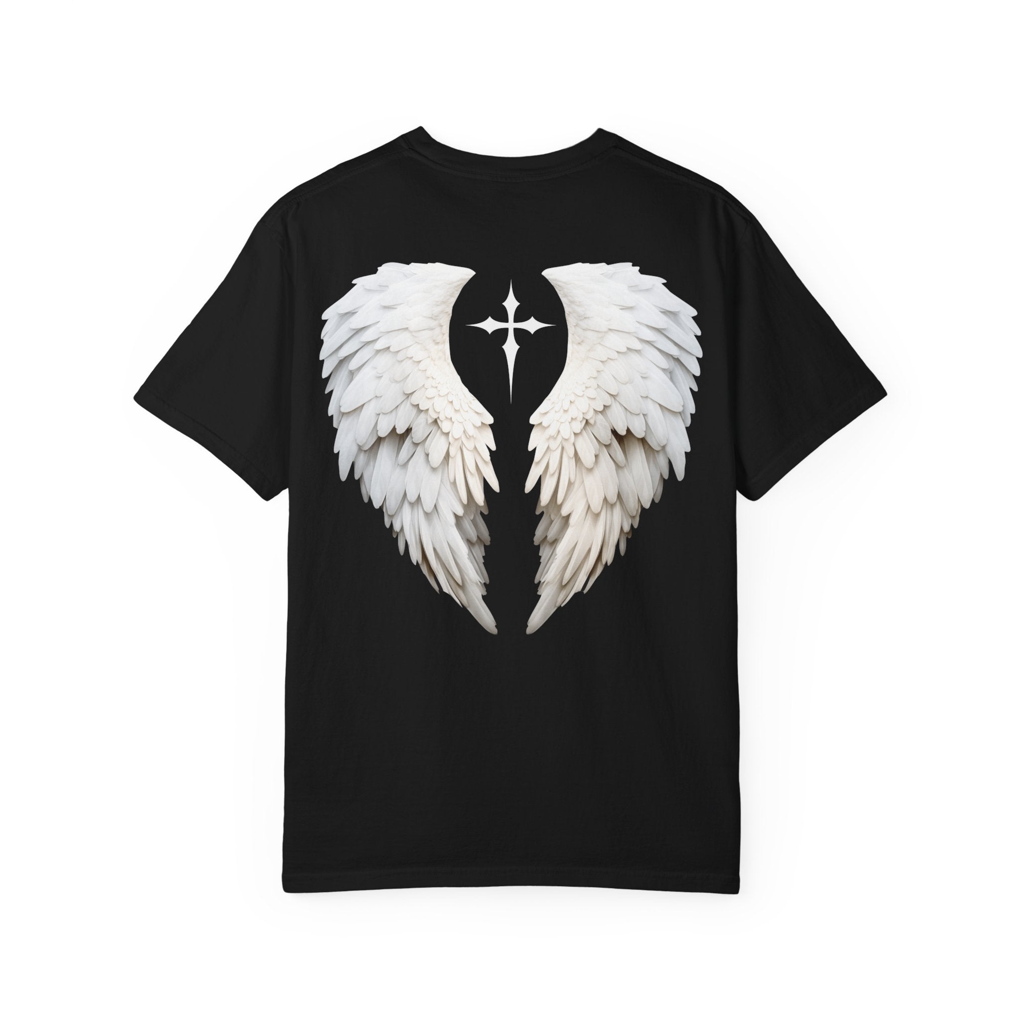 Navy blue t-shirt with white angel wings design on a white background