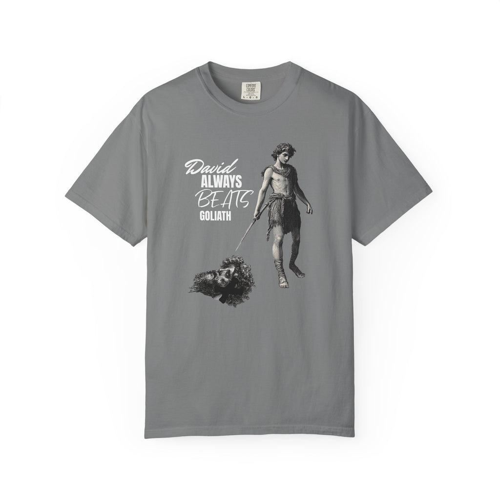 Gray t-shirt with graphic design and text on a white background