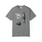 Gray t-shirt with graphic design and text on a white background