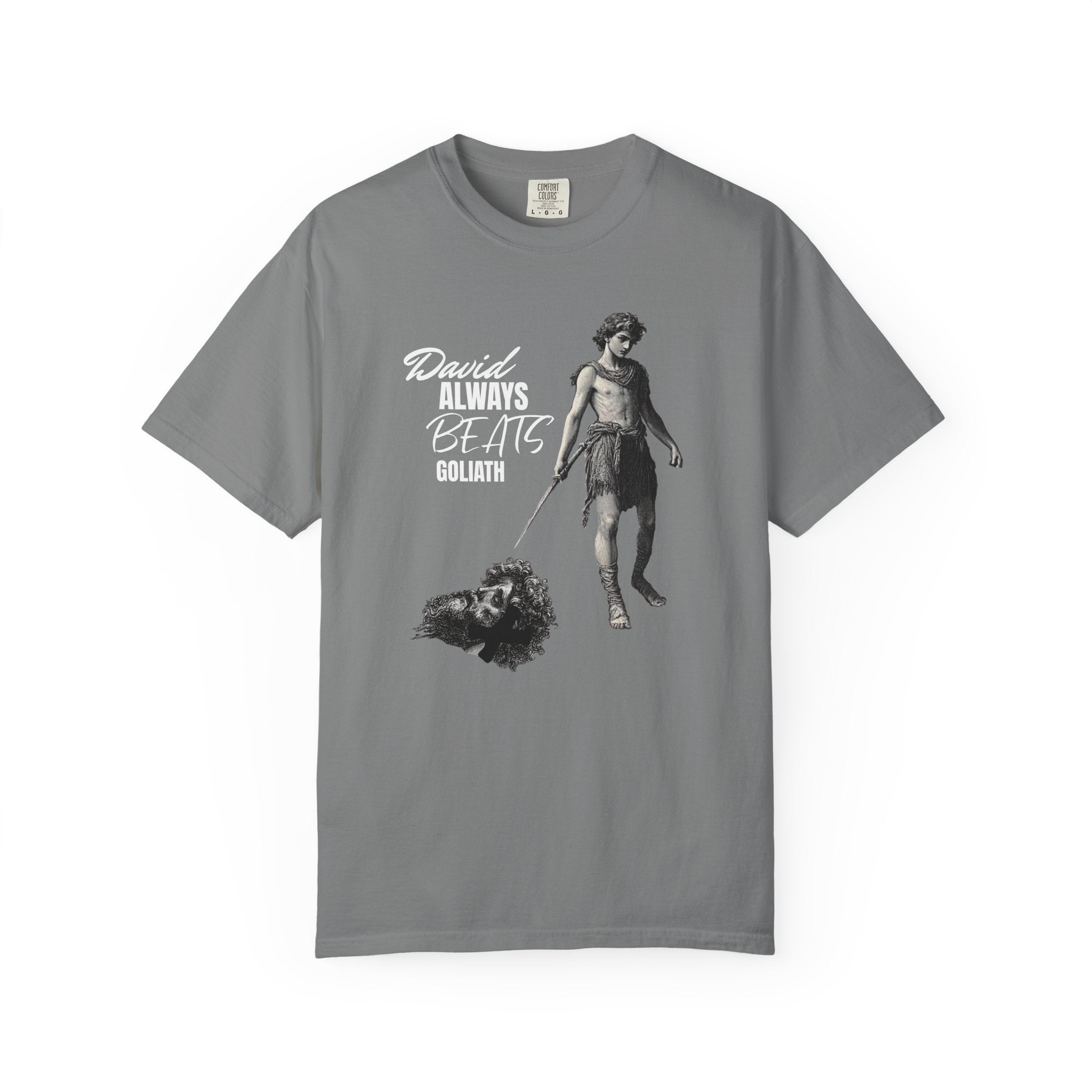 Gray t-shirt with graphic design and text on a white background