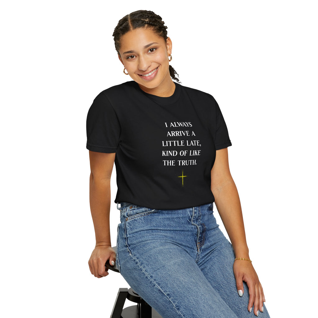 Person wearing a black t-shirt with a mathematical equation design on a white background