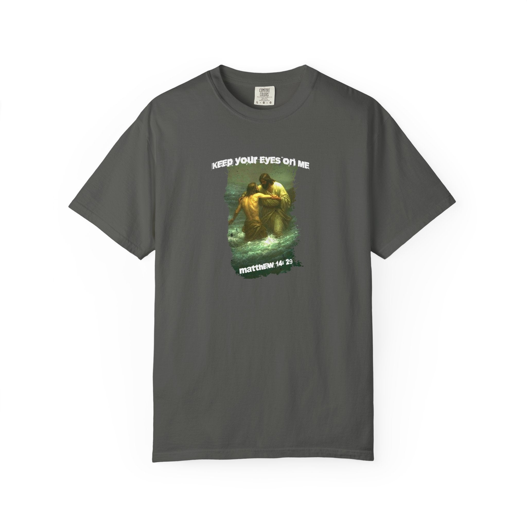 Gray t-shirt with a small logo on a white background