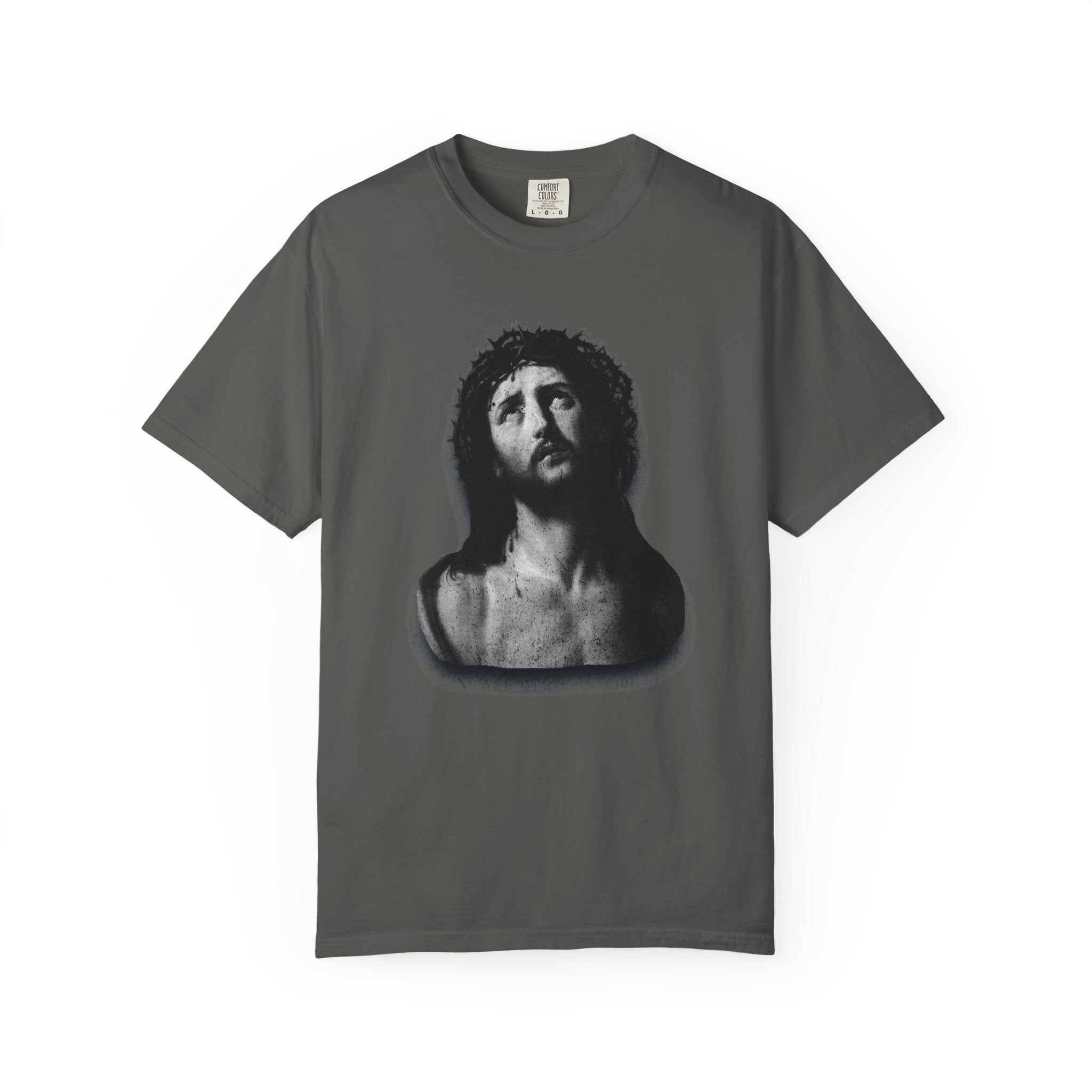 Gray t-shirt with a black and white graphic of a classical sculpture on a white background