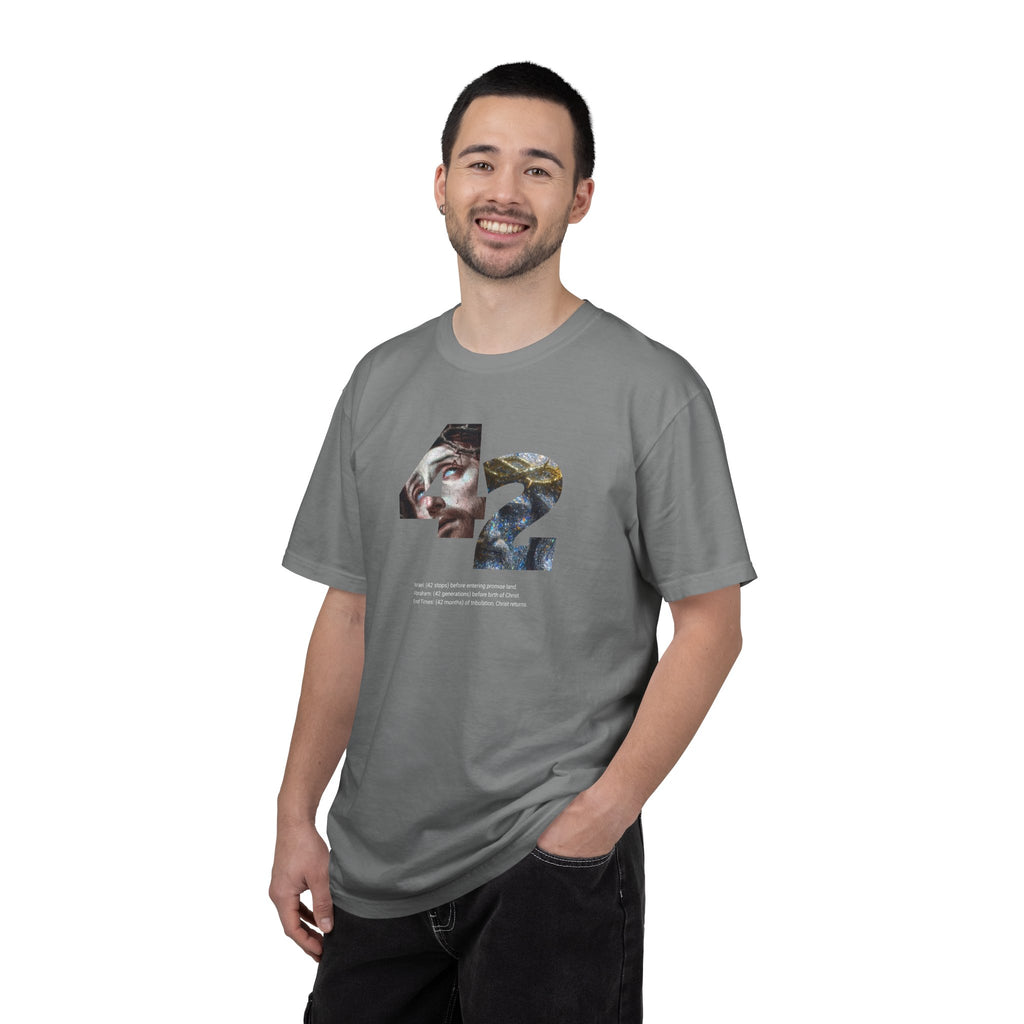 Man wearing a gray t-shirt with 'dunkydoo' graphic design on a white background