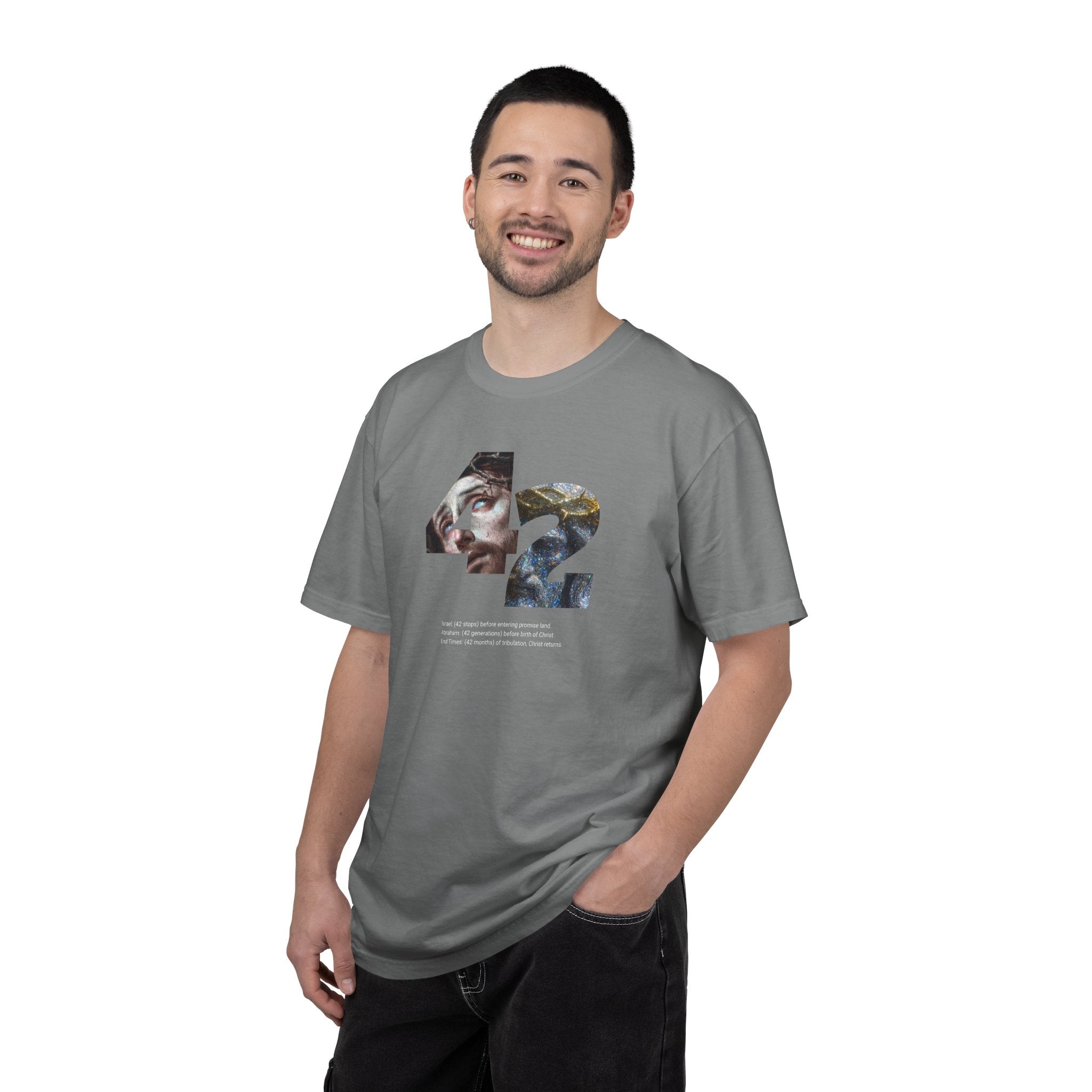 Man wearing a gray t-shirt with 'dunkydoo' graphic design on a white background