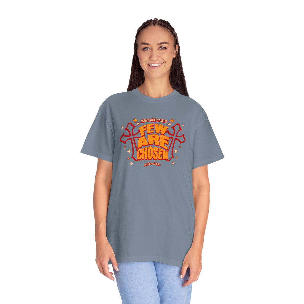 Person wearing a gray t-shirt with red and yellow text design on a white background