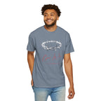 Man wearing a gray t-shirt with a design on a white background
