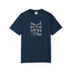 Black t-shirt with a graphic of a dog wearing a helmet on a white background