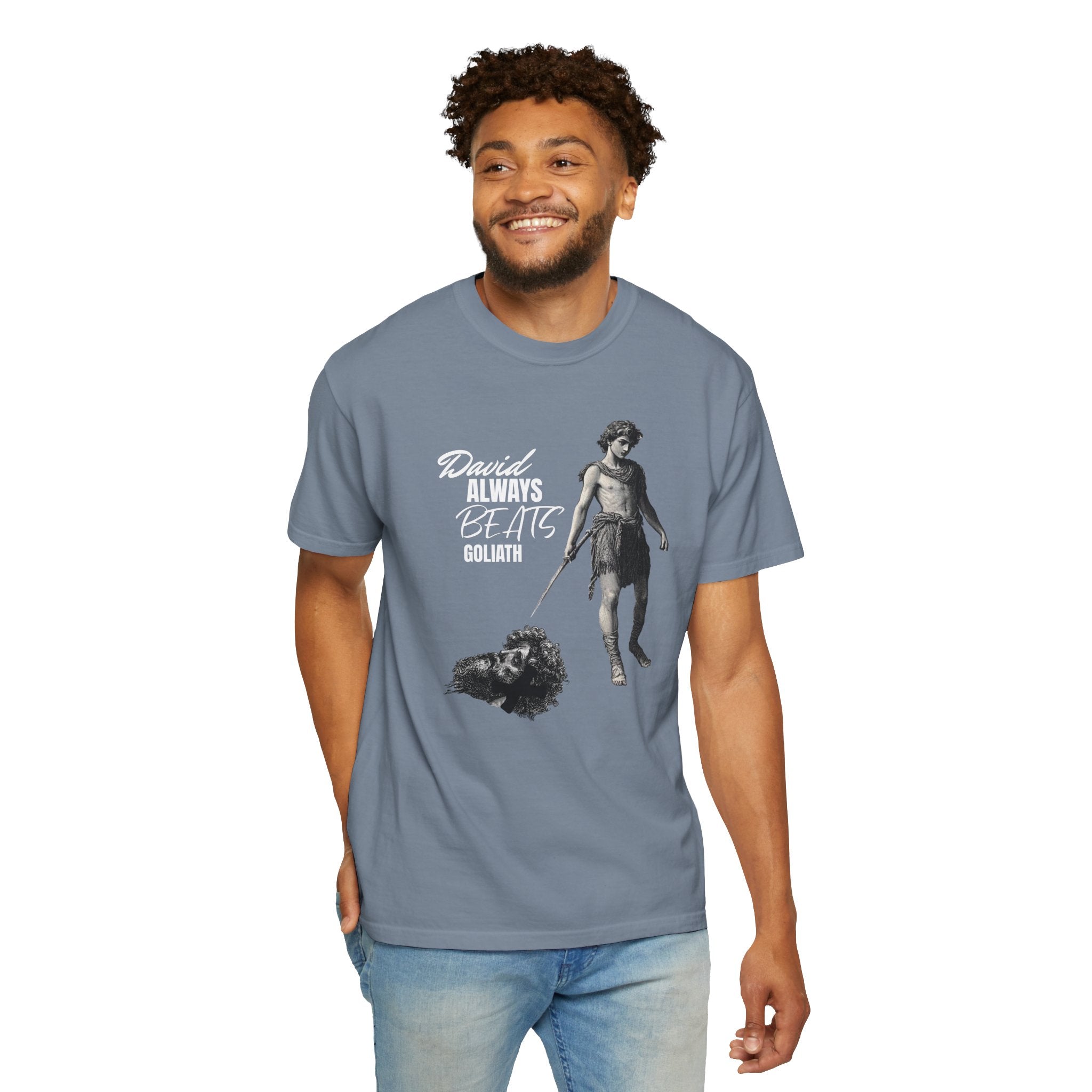 Man wearing a gray t-shirt with a graphic design and text on a white background
