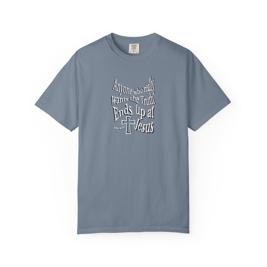 Purple t-shirt with white text on a white background