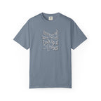 Purple t-shirt with white text on a white background