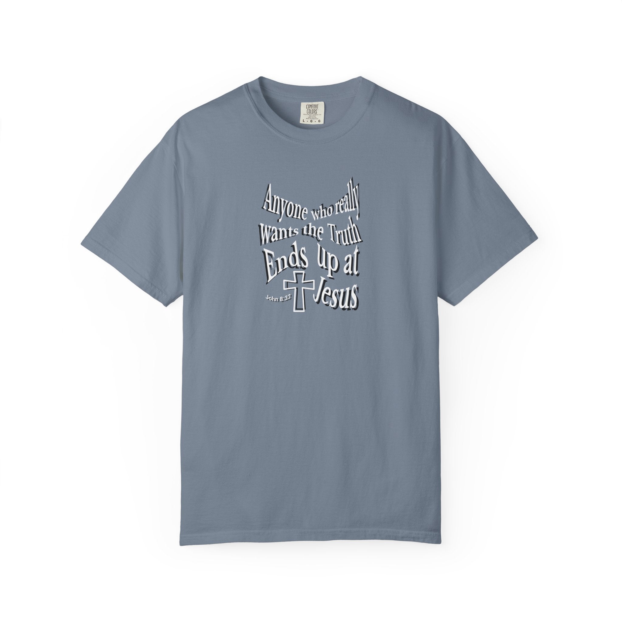 Purple t-shirt with white text on a white background