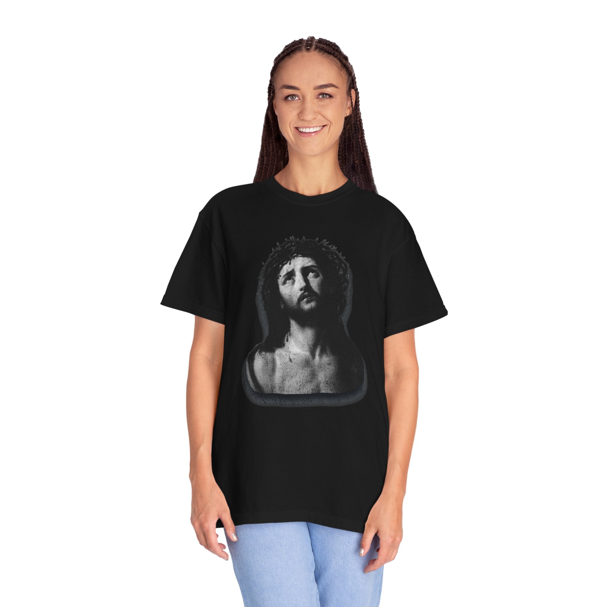 Person wearing a black t-shirt with a graphic design on a white background