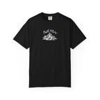 Black t-shirt with a mountain graphic and 'Faith Moves' text on a white background