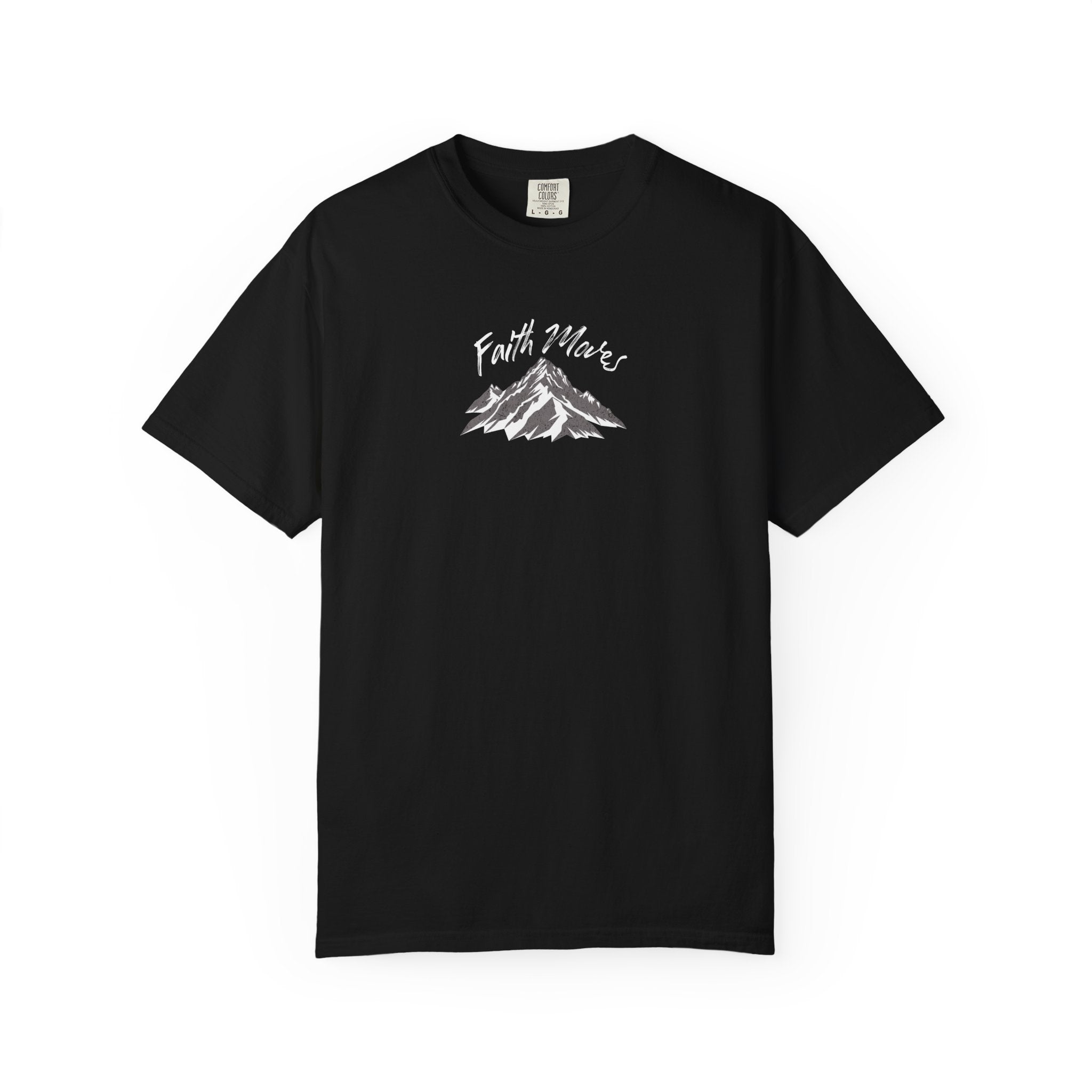 Black t-shirt with a mountain graphic and 'Faith Moves' text on a white background