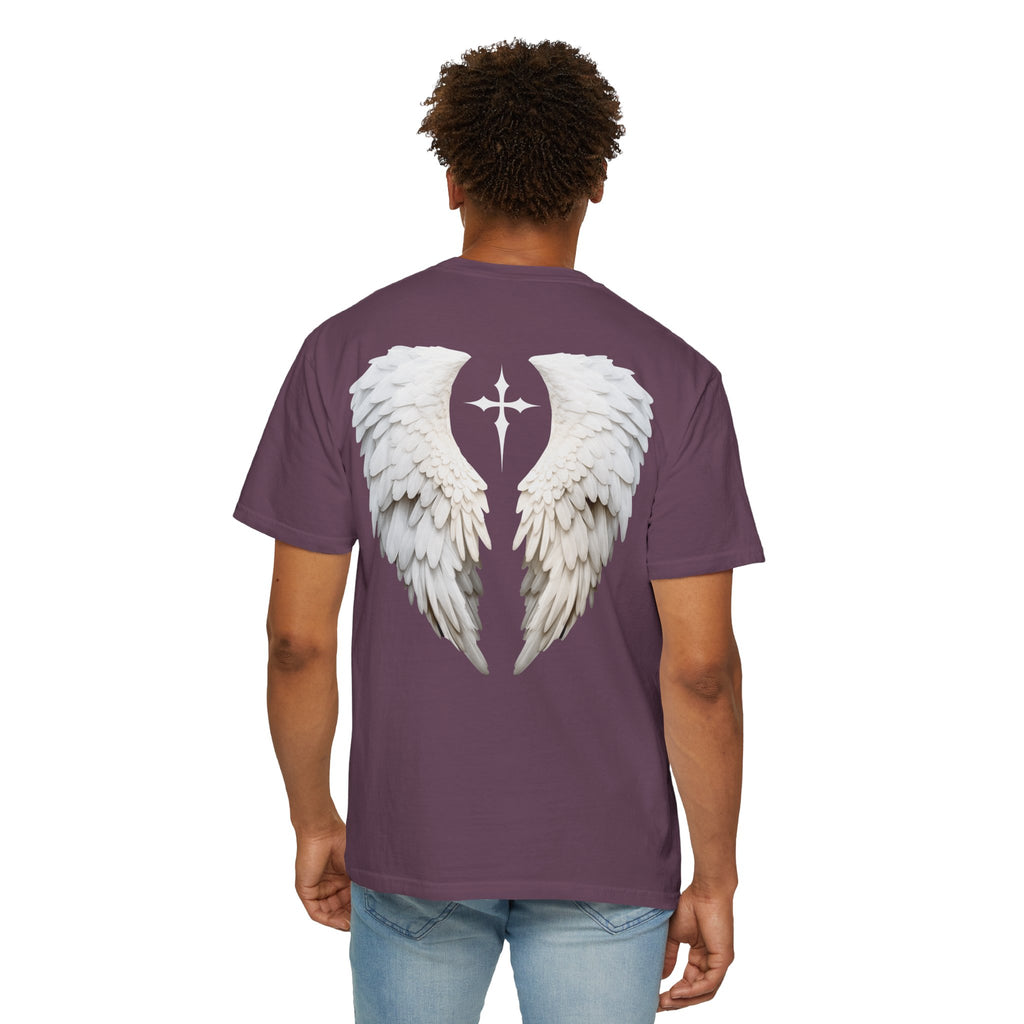 Person wearing a purple t-shirt with angel wings design on the back