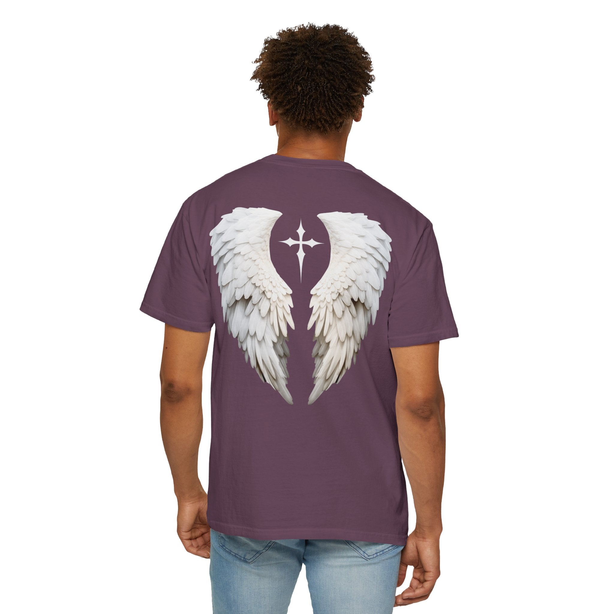 Person wearing a purple t-shirt with angel wings design on the back