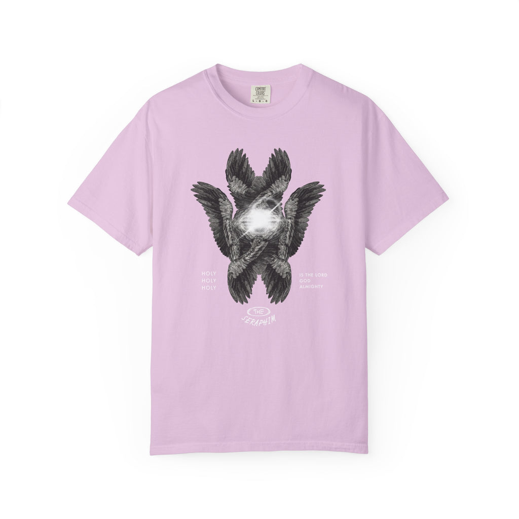 Pink t-shirt with a black and white eagle graphic on a white background