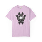 Pink t-shirt with a black and white eagle graphic on a white background