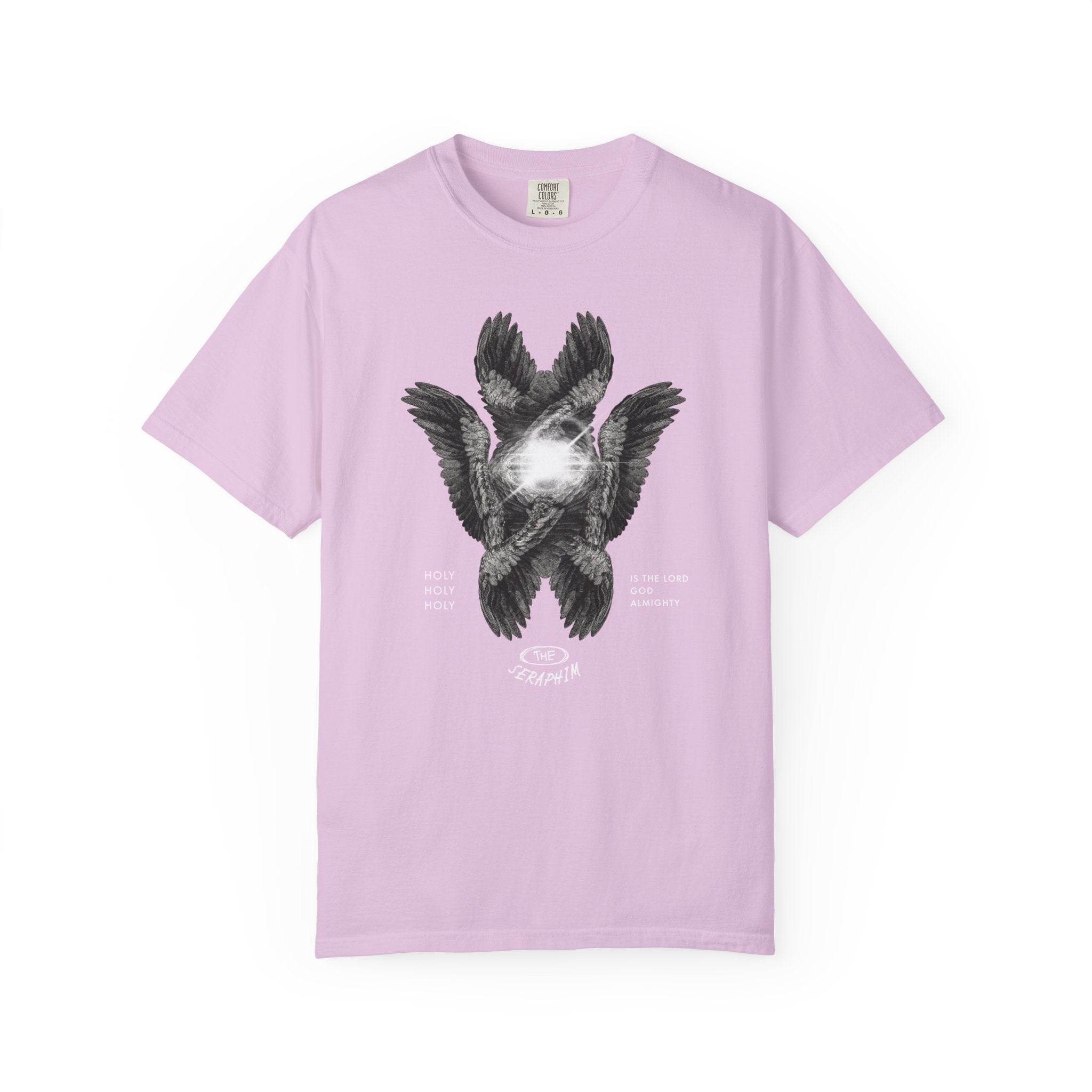 Pink t-shirt with a black and white eagle graphic on a white background