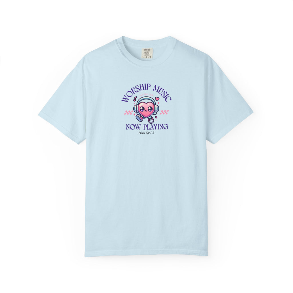 Light blue t-shirt with a graphic design on a white background