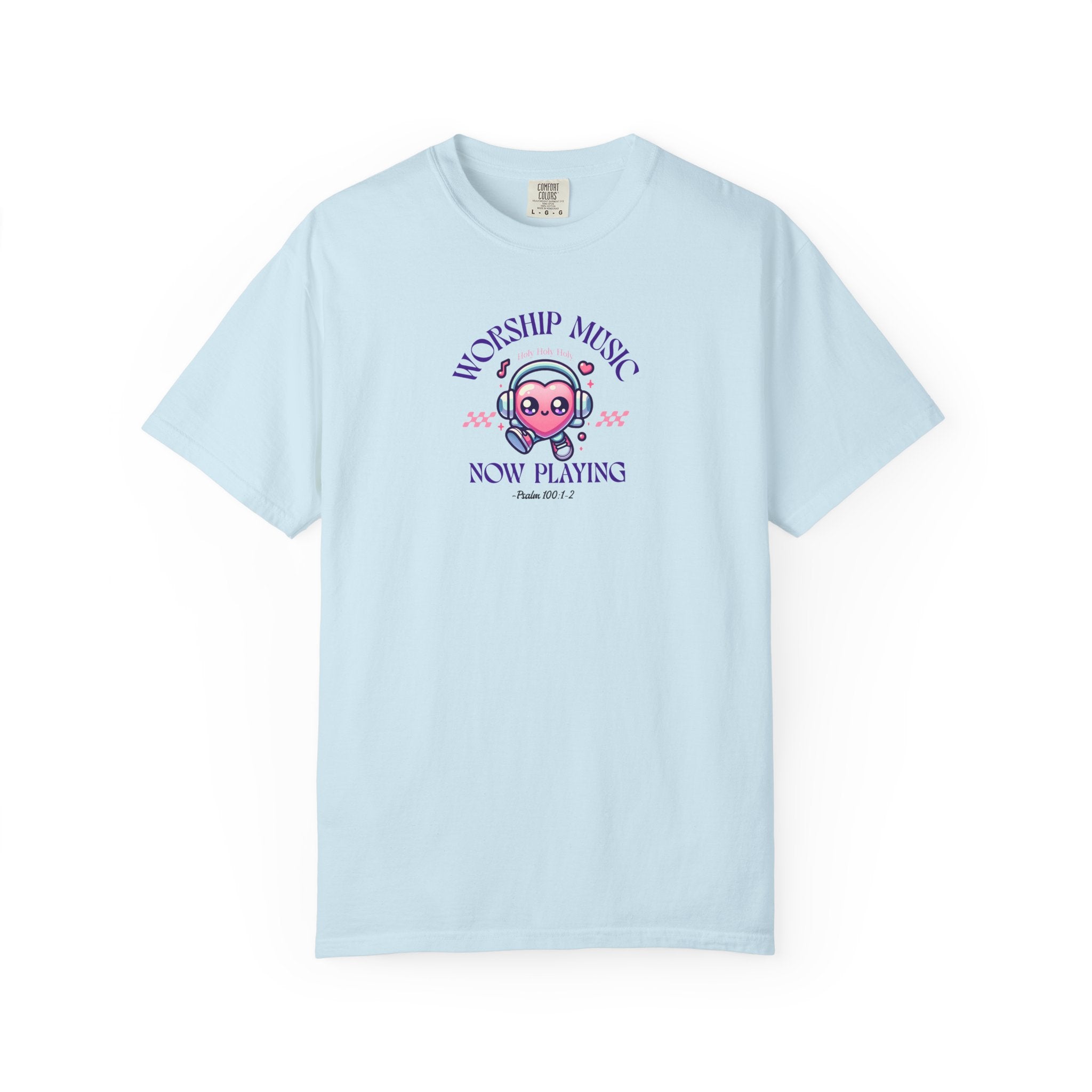 Light blue t-shirt with a graphic design on a white background
