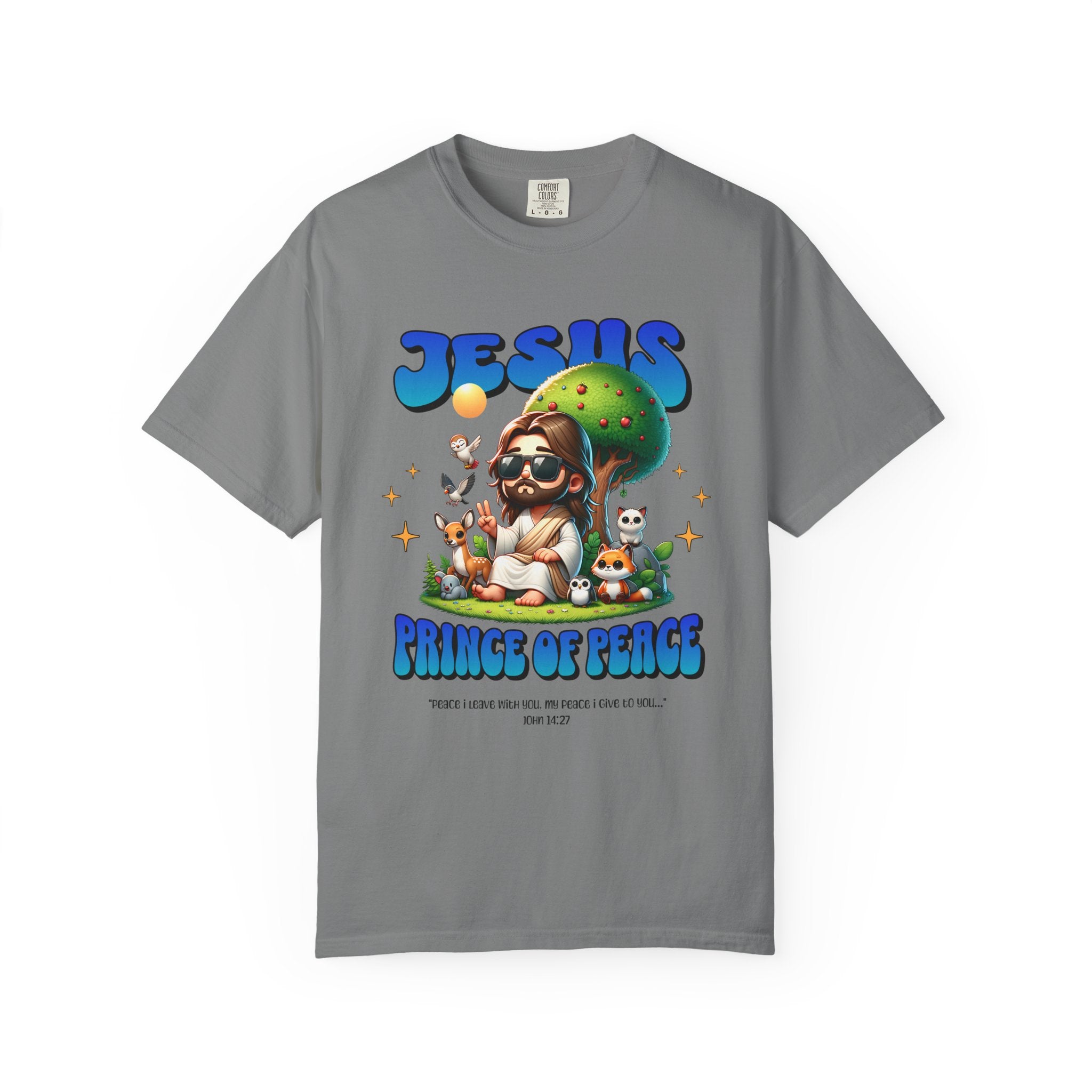 Gray t-shirt with 'Jesus Prince of Peace' graphic design on a white background