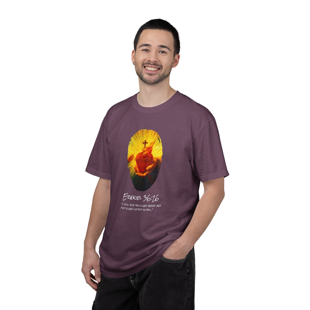 Man wearing a purple t-shirt with a graphic design on a white background