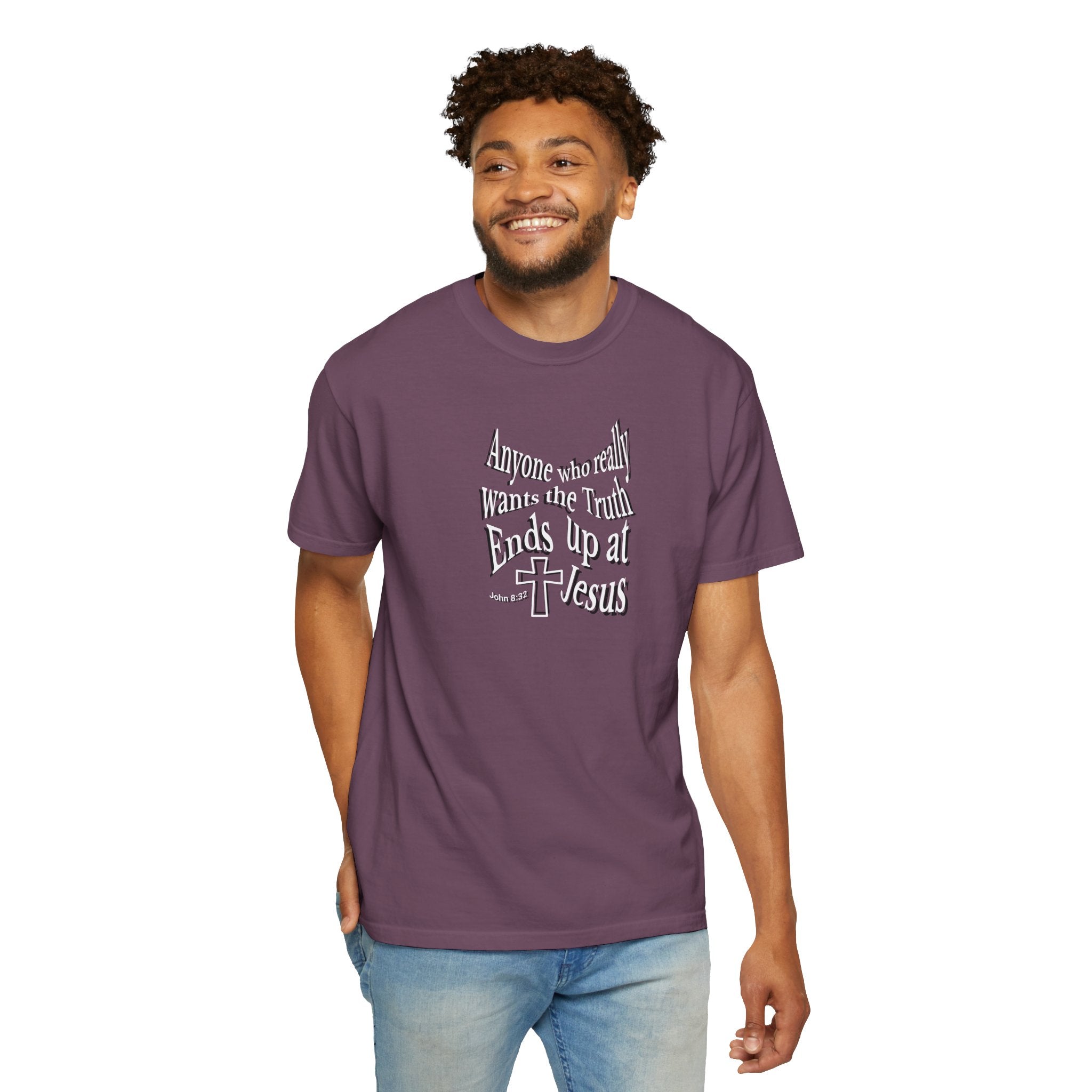 Man wearing a purple t-shirt with 'Highest Excitement' text and logo on a white background
