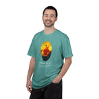 Man wearing a teal t-shirt with a graphic design on a white background
