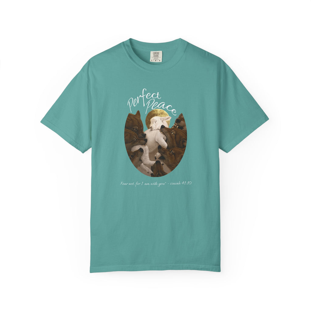 Teal t-shirt with a graphic of a cat and dog together and text 'Perfect Peace' on a white background.