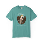 Teal t-shirt with a graphic of a cat and dog together and text 'Perfect Peace' on a white background.
