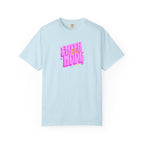 Light blue t-shirt with colorful text on a white background