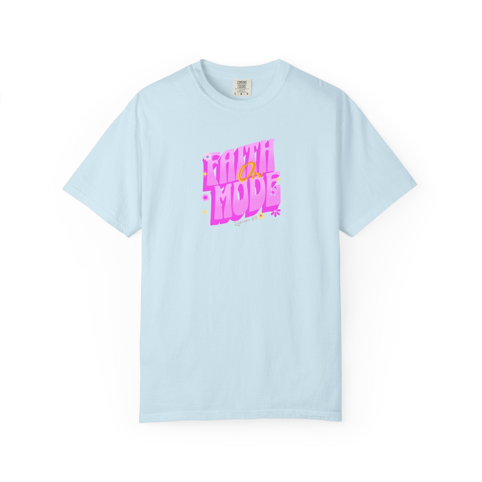 Light blue t-shirt with colorful text on a white background