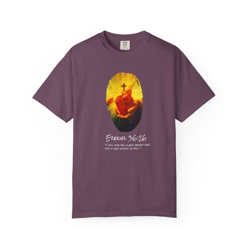 Purple t-shirt with a graphic design and text on a white background