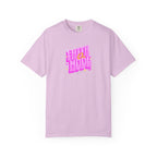 Light purple t-shirt with colorful text on a white background