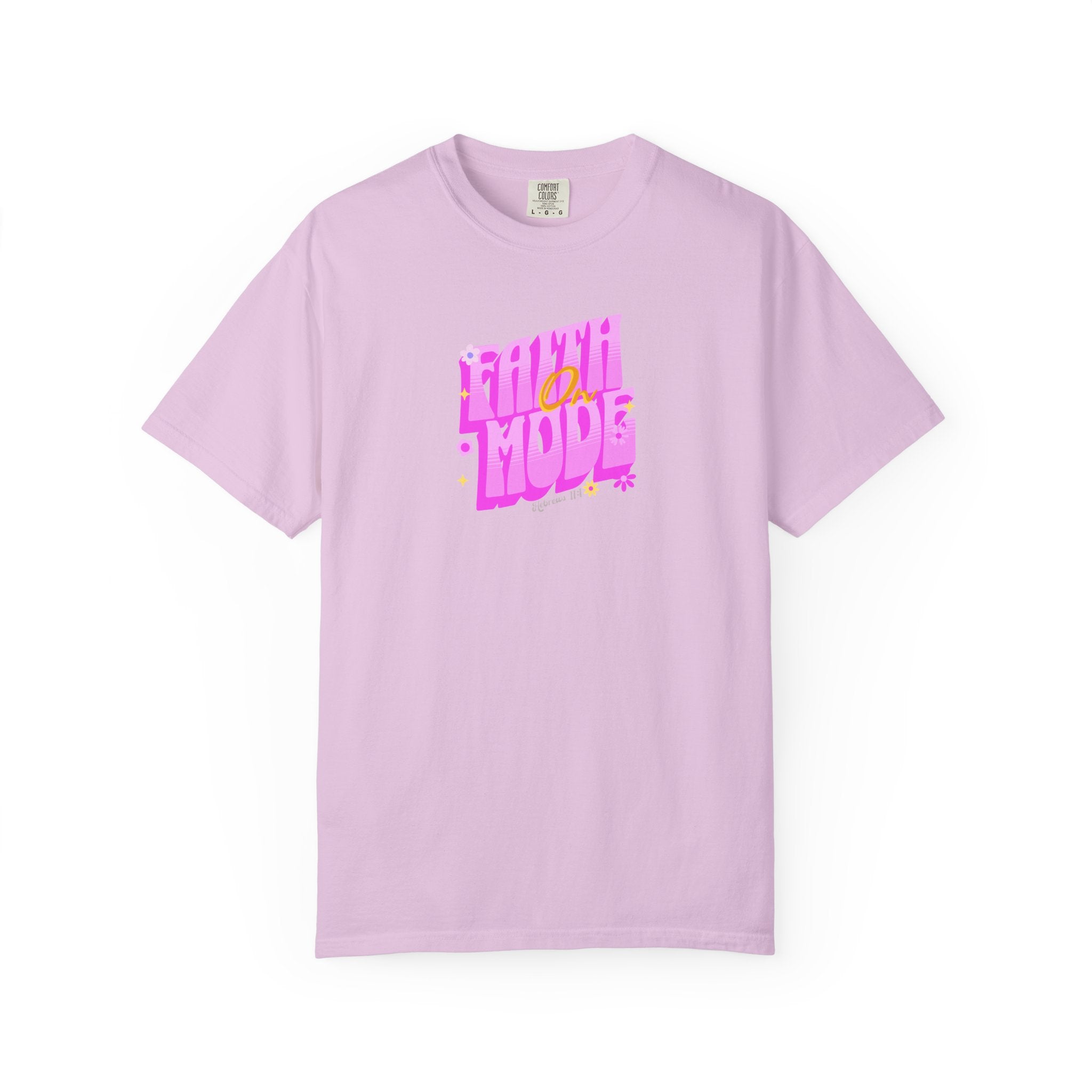 Light purple t-shirt with colorful text on a white background
