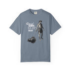 Gray t-shirt with graphic design and text on a white background