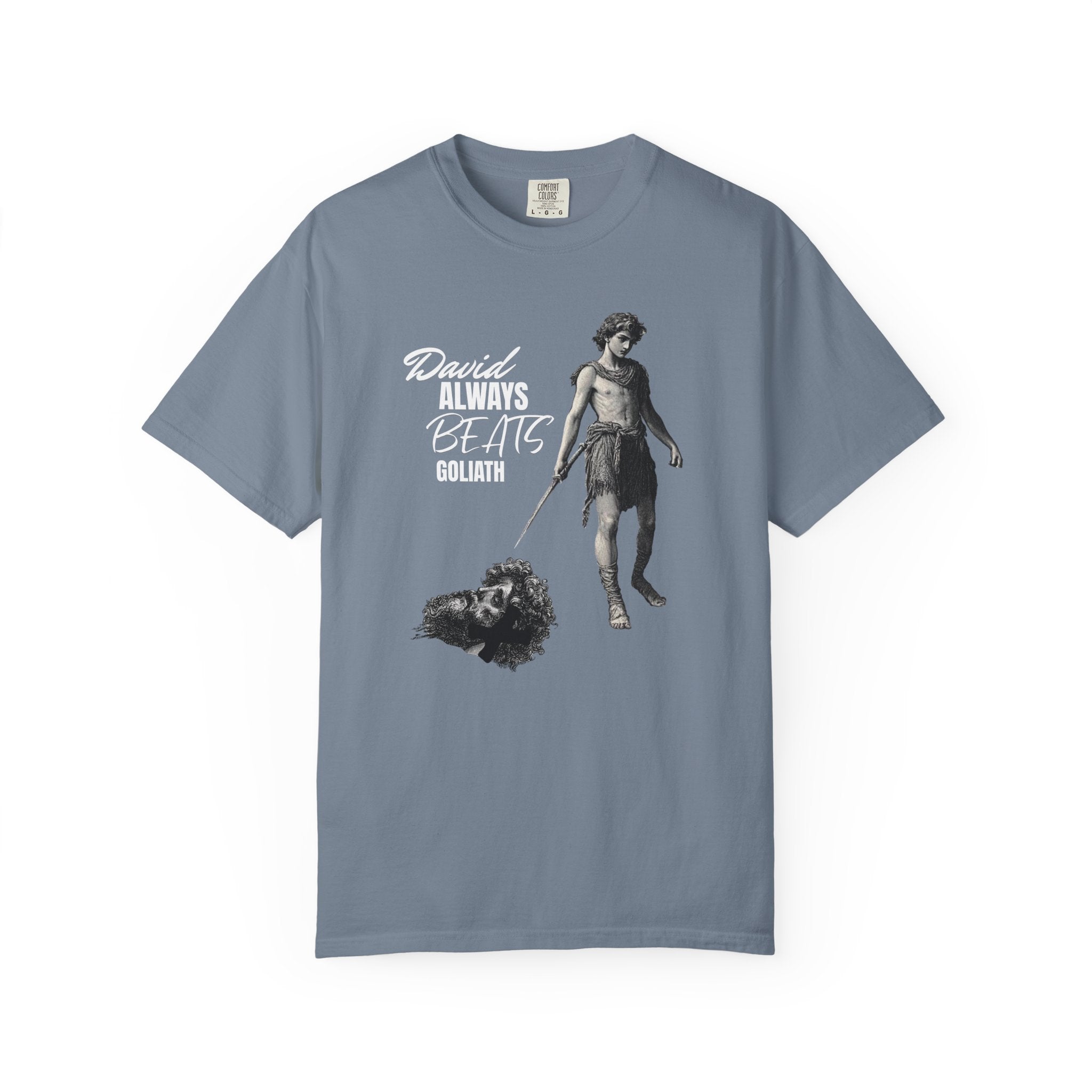 Gray t-shirt with graphic design and text on a white background