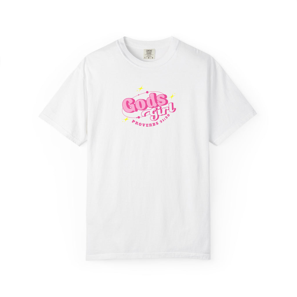White t-shirt with pink and yellow text on a white background